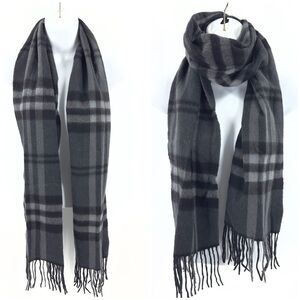 Enya Mantanani Cashmere Wool Scarf Gray Black Plaid Fringe Unisex Adult